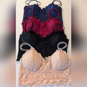 Set of 4 soft stretch lace bras, size L, 36C, peach, navy, black, burgundy
